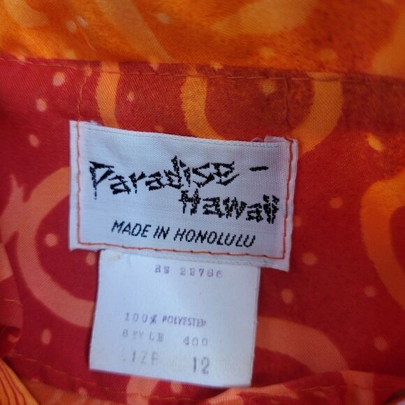 VINTAGE 60s Hawaiian print top orange floral‎ button down shirt M - Picture 3 of 9